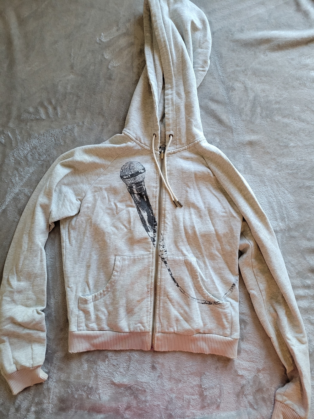L.A.M.B. Boudior Light Gray Zip Hoodie with Microphone Print
